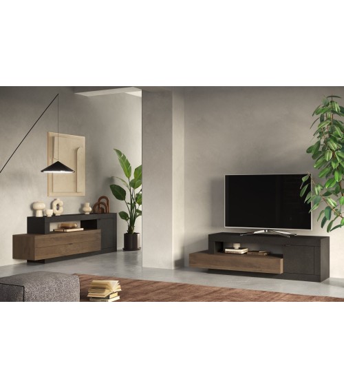 Meuble TV 1 porte + 1 tiroir FREEDOM Lave/chêne Mercure 160 cm