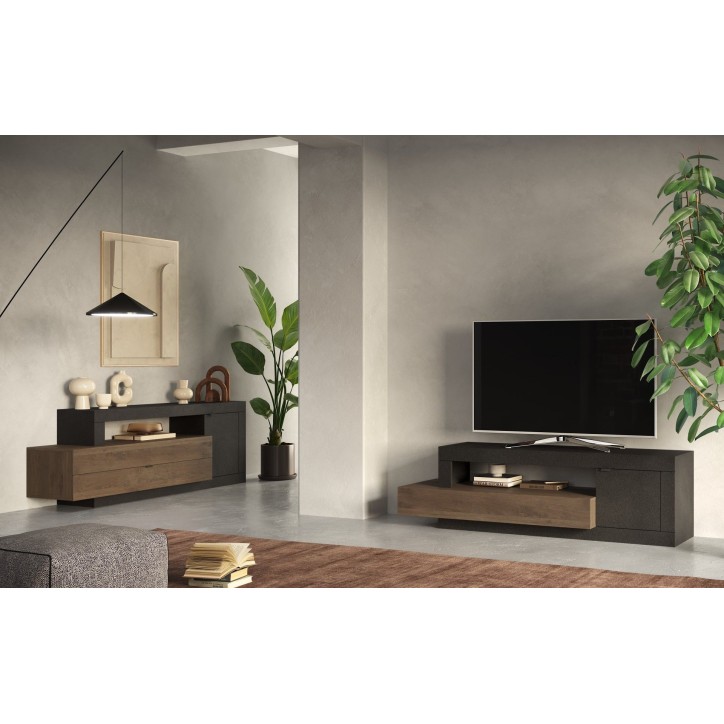 Meuble TV 1 porte + 1 tiroir FREEDOM Lave/chêne Mercure 160 cm