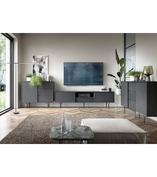 MEUBLE TV - RAVEN 3 noir avec pied métal 180 cm