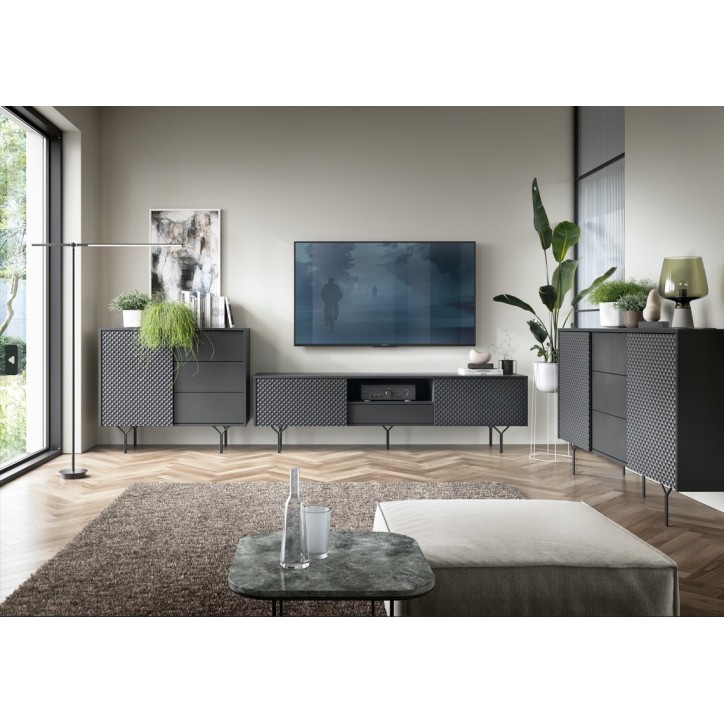 MEUBLE TV - RAVEN 3 noir avec pied métal 180 cm