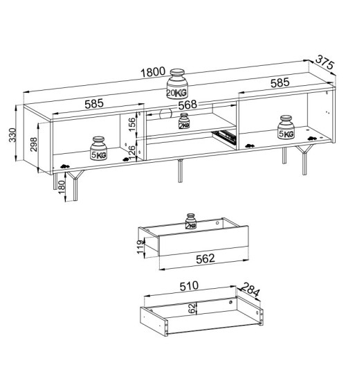 MEUBLE TV - RAVEN 3 noir avec pied métal 180 cm