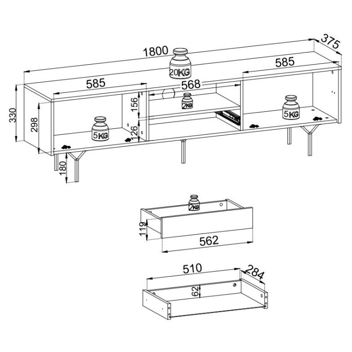 MEUBLE TV - RAVEN 3 noir avec pied métal 180 cm
