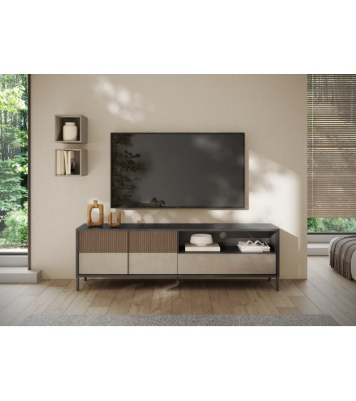 Meuble TV ETNA 206 cm Lave, argile et chêne mercure 2 portes et un tiroir