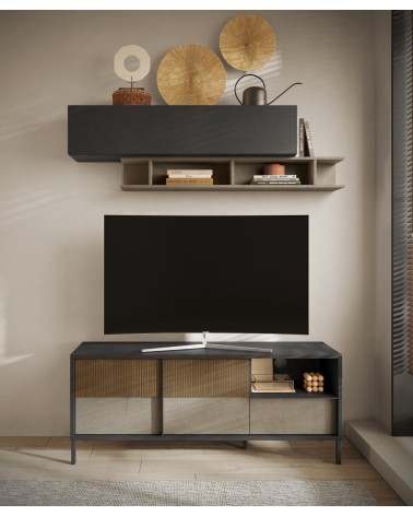 Meuble TV ETNA 156 cm Lave, argile et chêne mercure 2 portes et un tiroir
