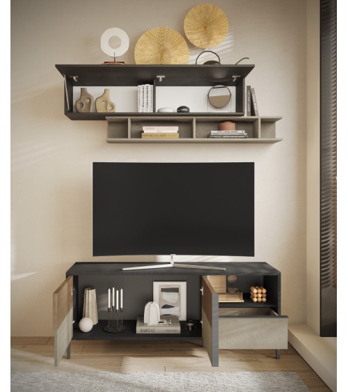 Meuble TV ETNA 156 cm Lave, argile et chêne mercure 2 portes et un tiroir