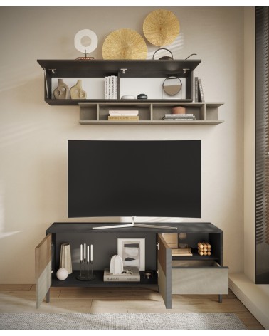 Meuble TV ETNA 156 cm Lave, argile et chêne mercure 2 portes et un tiroir