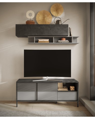 Meuble TV ETNA 156 cm Plomb, gypse et ardoise 2 portes et un tiroir