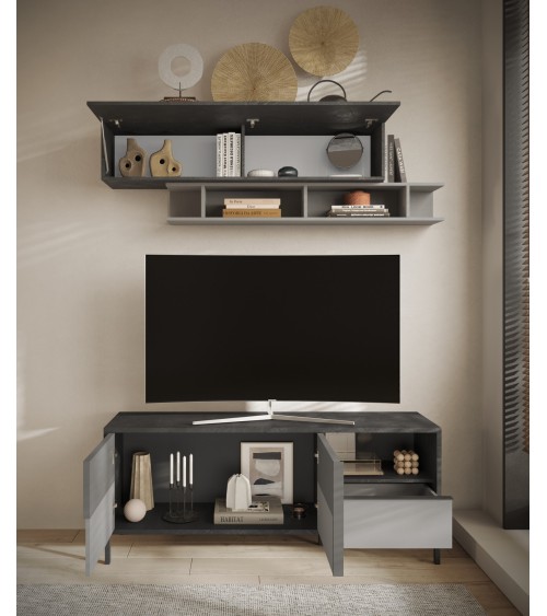 Meuble TV ETNA 156 cm Plomb, gypse et ardoise 2 portes et un tiroir