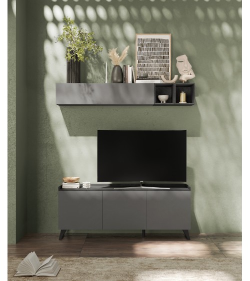 Meuble TV PAUL 180 cm Ardoise et Plomb 3 portes