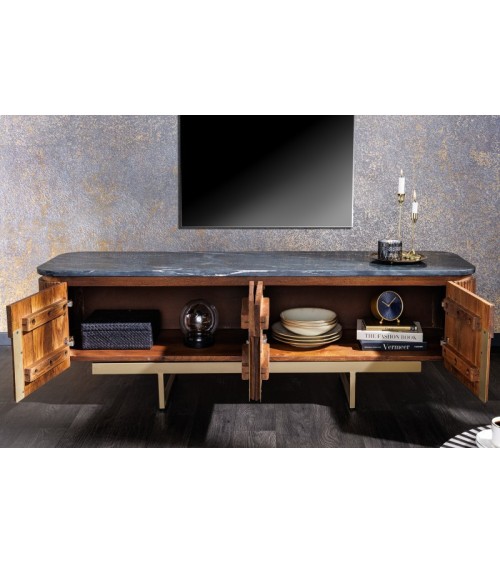 Meuble TV LINE III en bois massif de manguier + marbre