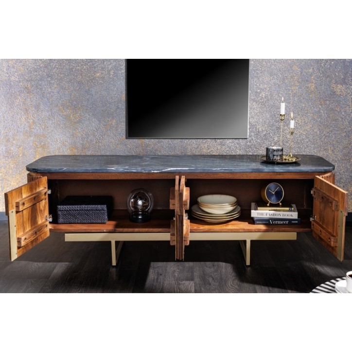 Meuble TV LINE III en bois massif de manguier + marbre