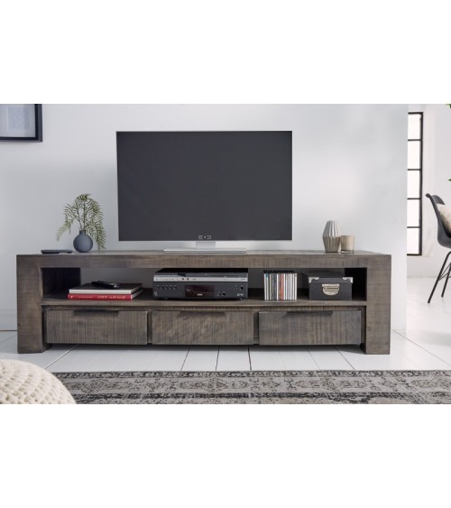 Meuble TV gris RUSTICO en bois massif de manguier