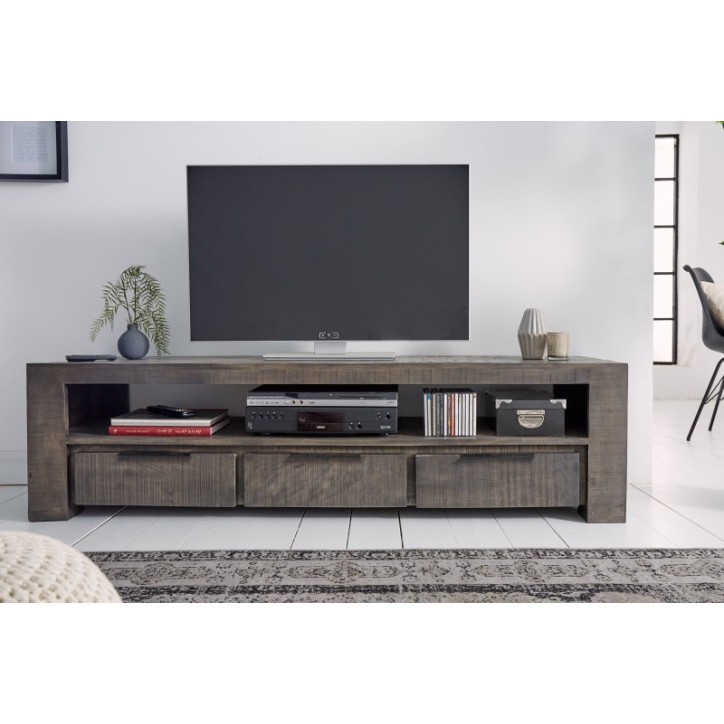 Meuble TV gris RUSTICO en bois massif de manguier