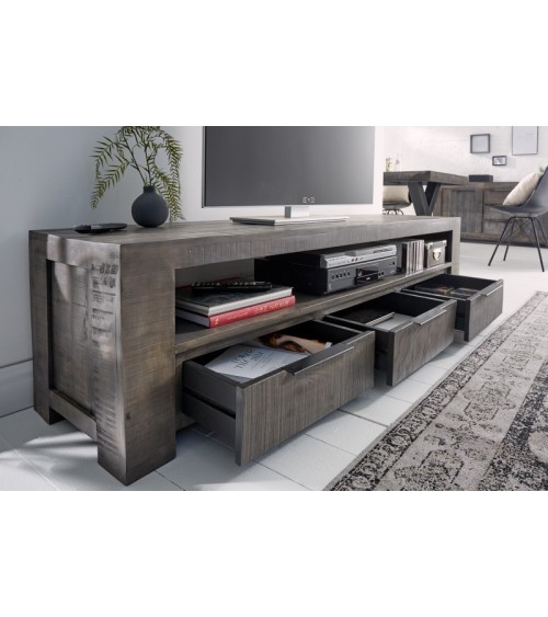 Meuble TV gris RUSTICO en bois massif de manguier