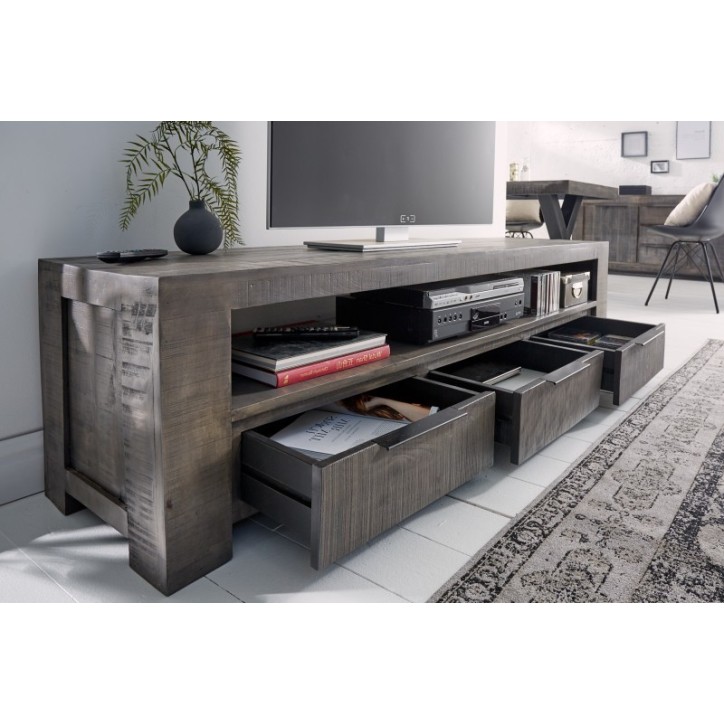 Meuble TV gris RUSTICO en bois massif de manguier