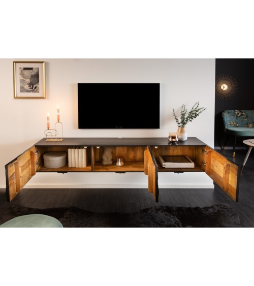 Meuble TV suspendu noir INFINITY en bois massif de manguier