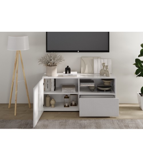Meuble TV 1 porte, 1 tiroir Rio blanc - 121 x 42 x 57cm