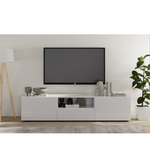 Meuble TV 2 portes, 1 tiroir Rio blanc - 184 x 42 x 42,5cm