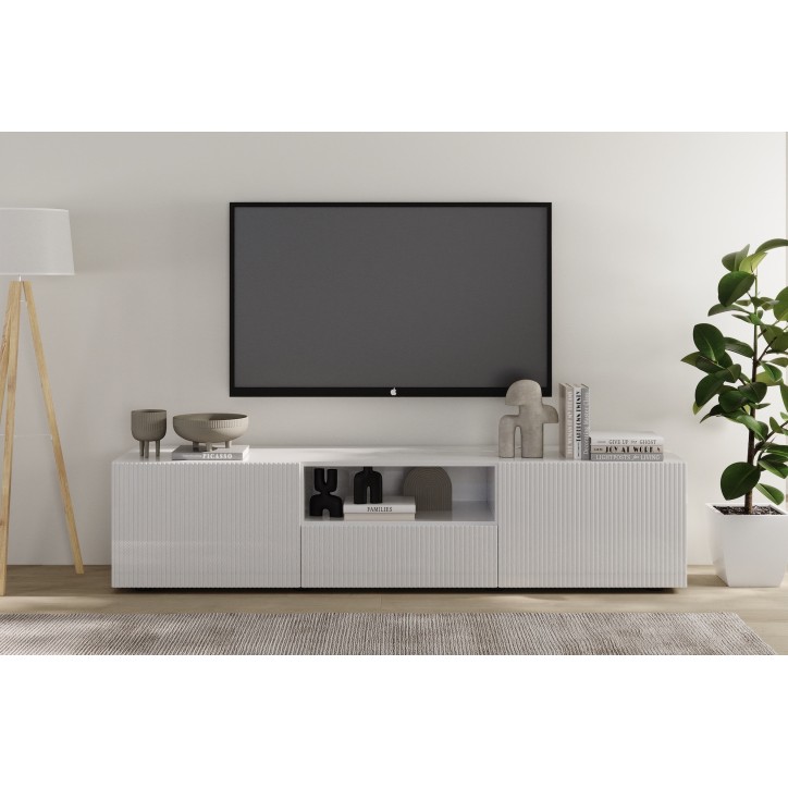 Meuble TV 2 portes, 1 tiroir Rio blanc - 184 x 42 x 42,5cm