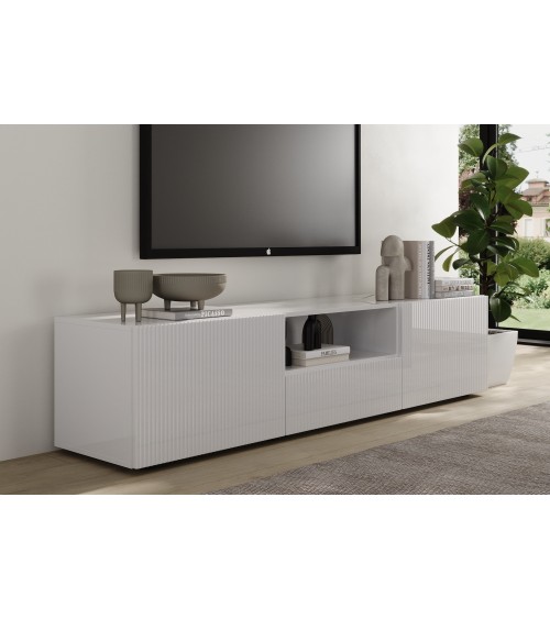 Meuble TV 2 portes, 1 tiroir Rio blanc - 184 x 42 x 42,5cm