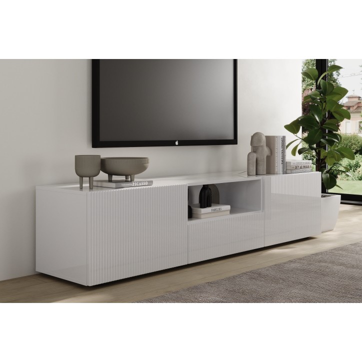 Meuble TV 2 portes, 1 tiroir Rio blanc - 184 x 42 x 42,5cm