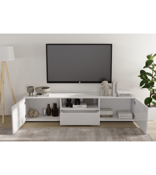 Meuble TV 2 portes, 1 tiroir Rio blanc - 184 x 42 x 42,5cm