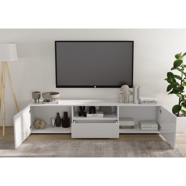Meuble TV 2 portes, 1 tiroir Rio blanc - 184 x 42 x 42,5cm