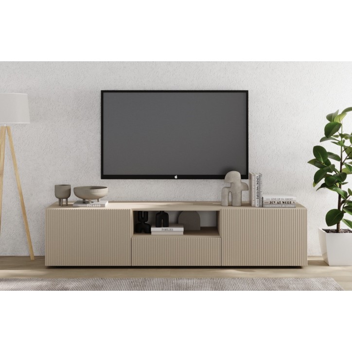 Meuble TV 2 portes, 1 tiroir Rio cashmere - 184 x 42 x 42,5cm