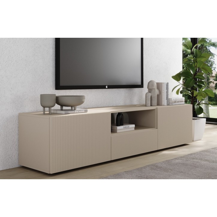 Meuble TV 2 portes, 1 tiroir Rio cashmere - 184 x 42 x 42,5cm