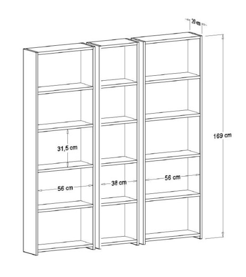 Bibliothèque CLARITA 56 cm + 38 cm + 56 cm bois