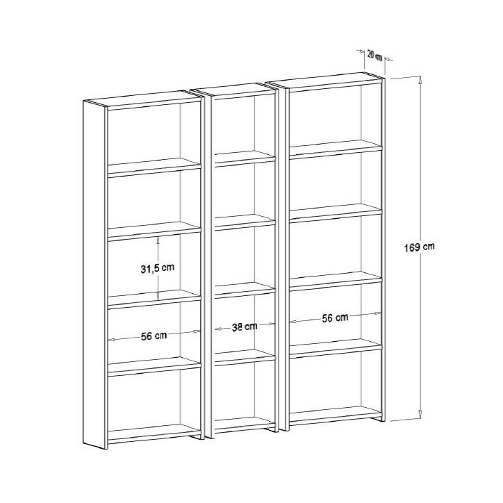 Bibliothèque CLARITA 56 cm + 38 cm + 56 cm bois