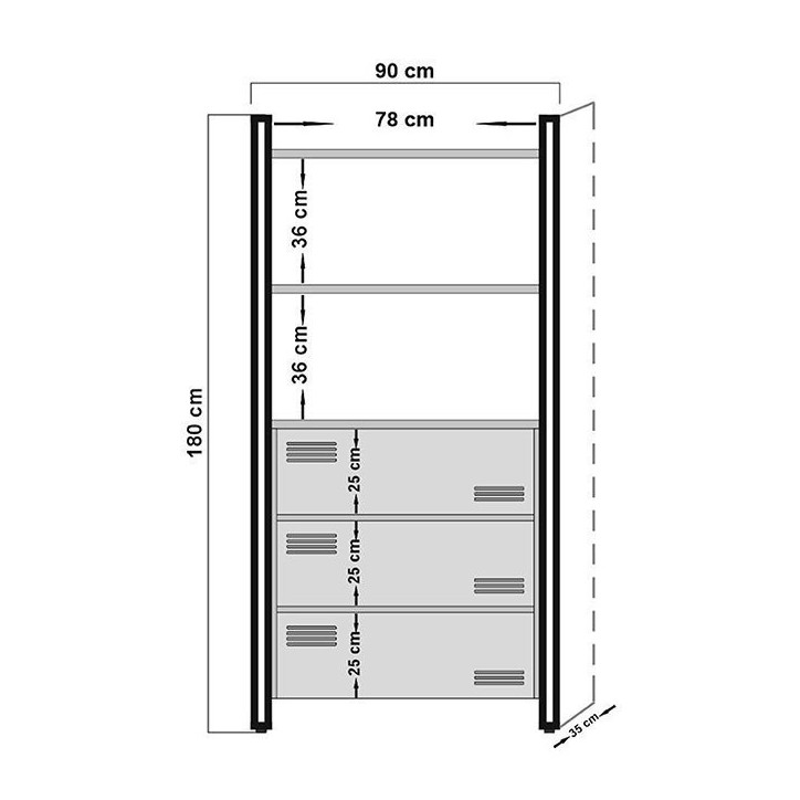 Bibliothèque COSMO CORTEX 90 cm bois et métal noir