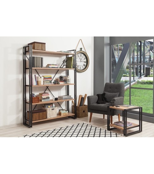 Bibliothèque 130 cm et table d'appoint 50 cm FIX bois et métal noir