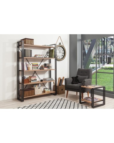 Bibliothèque 130 cm et table d'appoint 50 cm FIX bois et métal noir