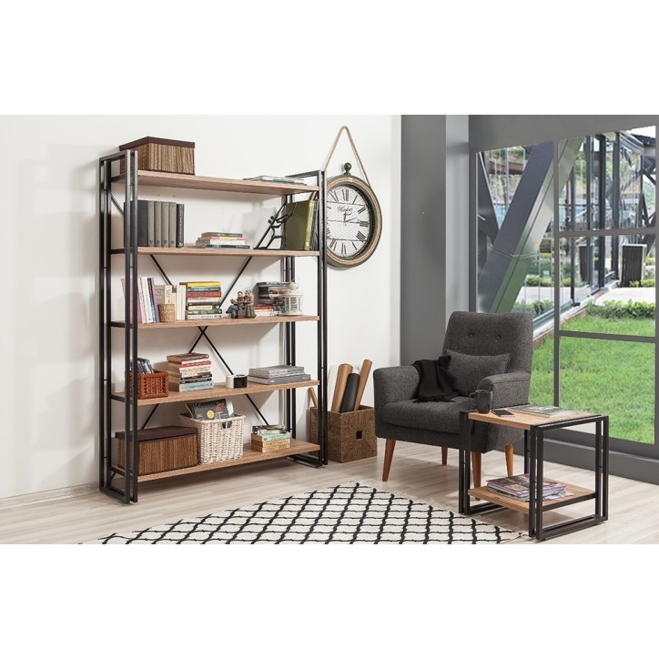 Bibliothèque 130 cm et table d'appoint 50 cm FIX bois et métal noir