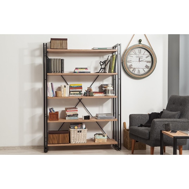 Bibliothèque 130 cm et table d'appoint 50 cm FIX bois et métal noir