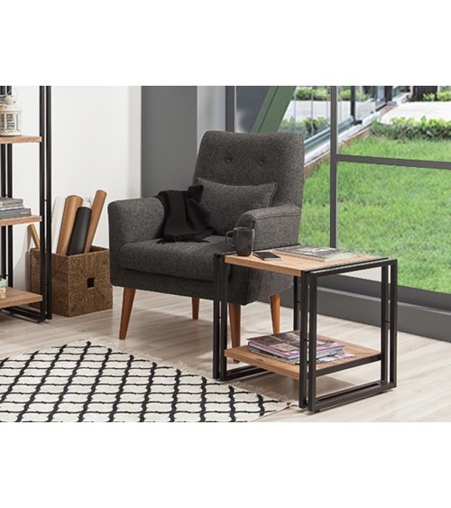 Bibliothèque 130 cm et table d'appoint 50 cm FIX bois et métal noir