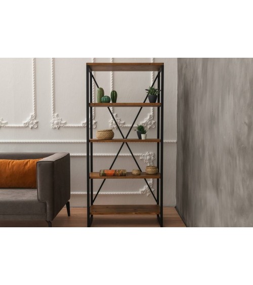 Bibliothèque MIRAY 80 cm noyer et metal noir