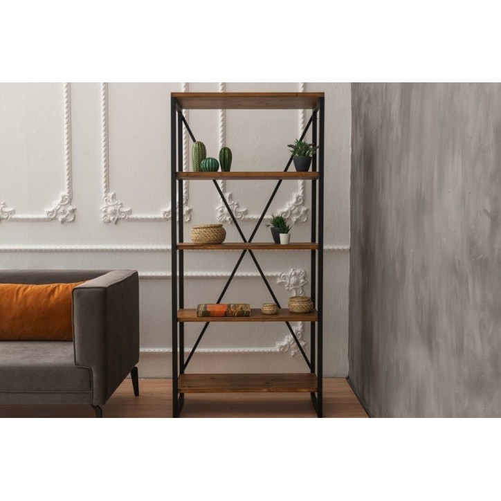 Bibliothèque MIRAY 80 cm noyer et metal noir