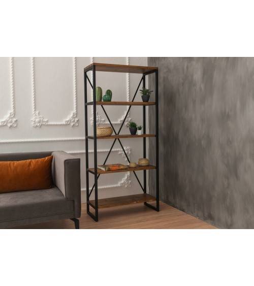 Bibliothèque MIRAY 80 cm noyer et metal noir