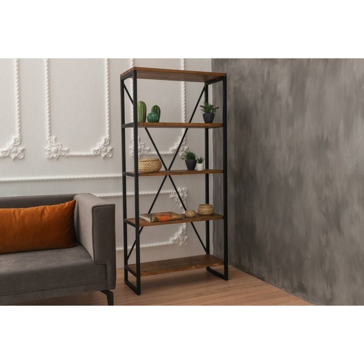 Bibliothèque MIRAY 80 cm noyer et metal noir