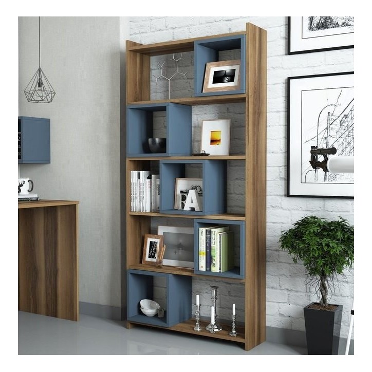 Bibliothèque BOX Noyer - GRIS bleu 80 cm