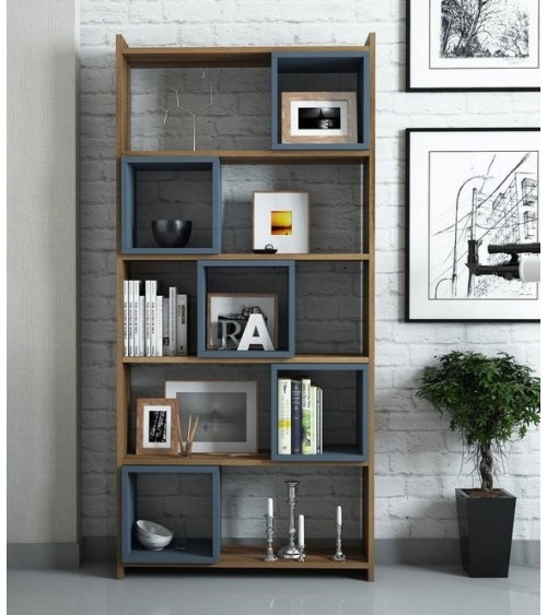 Bibliothèque BOX Noyer - GRIS bleu 80 cm