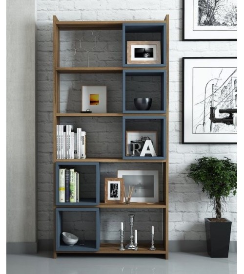 Bibliothèque BOX Noyer - GRIS bleu 80 cm