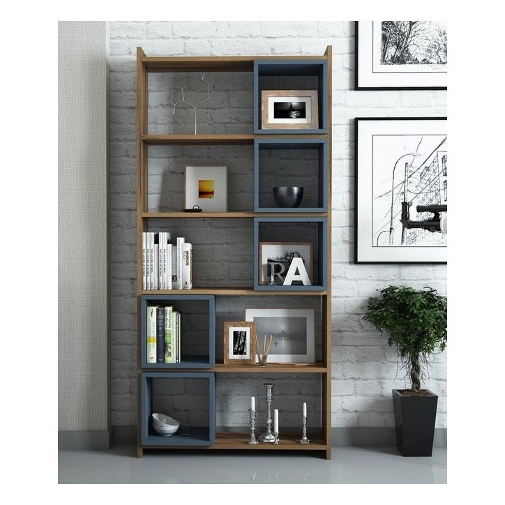 Bibliothèque BOX Noyer - GRIS bleu 80 cm