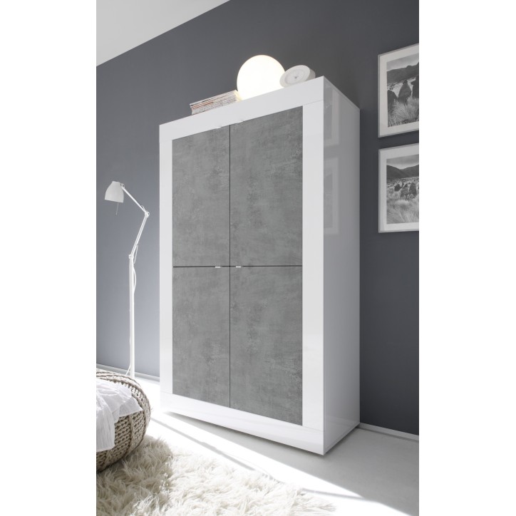 Argentier 4 portes BASIC finition blanc-béton 102x163 cm