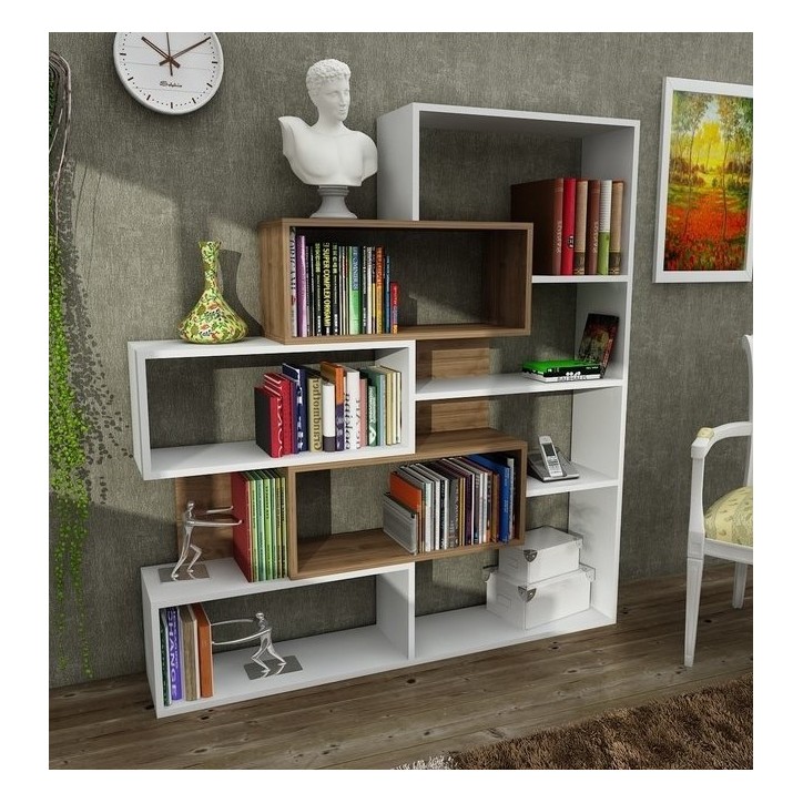 Bibliothèque MARLA Noyer - blanc 139 cm blanc et noyer