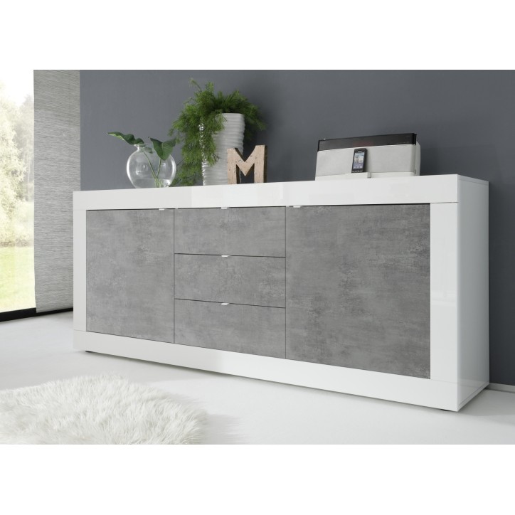 Buffet 2 portes 3 tiroirs BASIC finition blanc-béton 210 cm