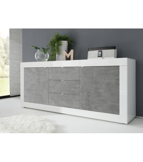 Buffet 2 portes 3 tiroirs BASIC finition blanc-béton 210 cm