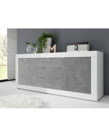 Buffet 2 portes 3 tiroirs BASIC finition blanc-béton 210 cm